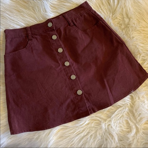Brandy Melville Dresses & Skirts - (S/M) Brandy Melville Denim Skirt Maroon Burgundy Small Medium Button Down Red